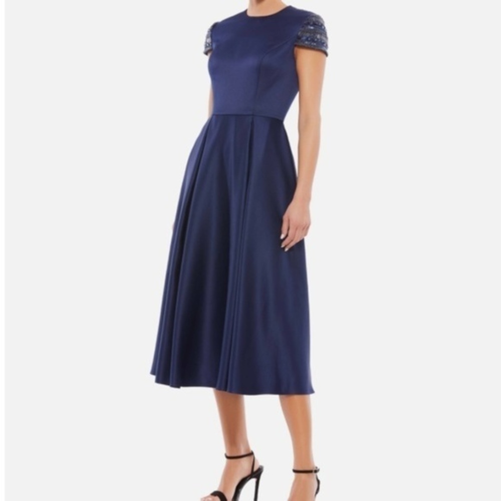 Ieena for Mac Duggal dress Navy Blue HIGH neck cap sleeve long gown New Sz 8